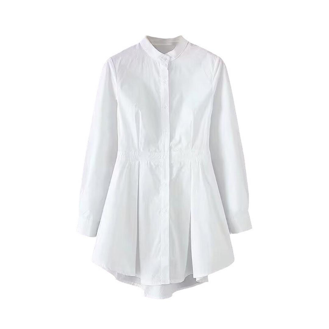 

2024 Winter Women s White Stand Collar Cotton Shirt with Irregular Hem and Gathered Waist - European & American Style Small белый
