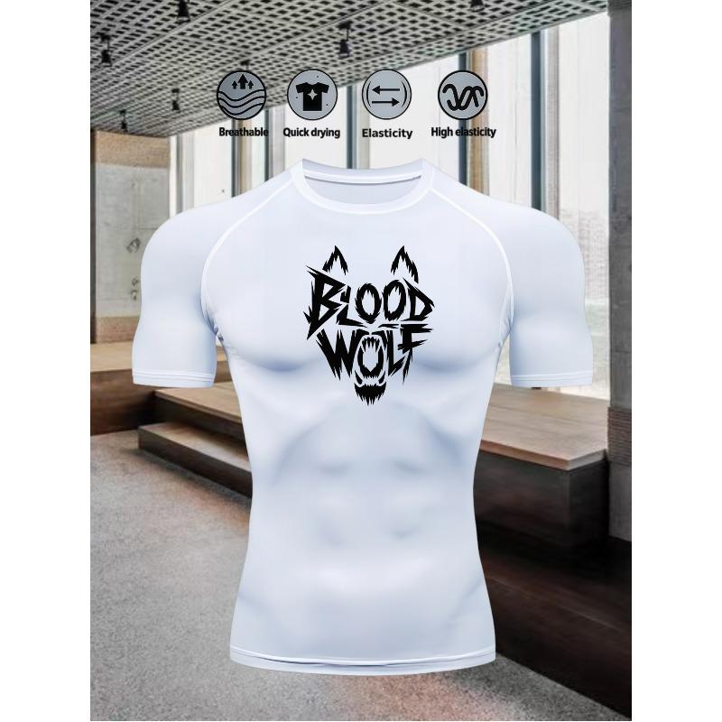 Men's Chest Blood Wolf Shaped Logo Print Compression Shirt High Elasticity Moisture Wicking Sportswear