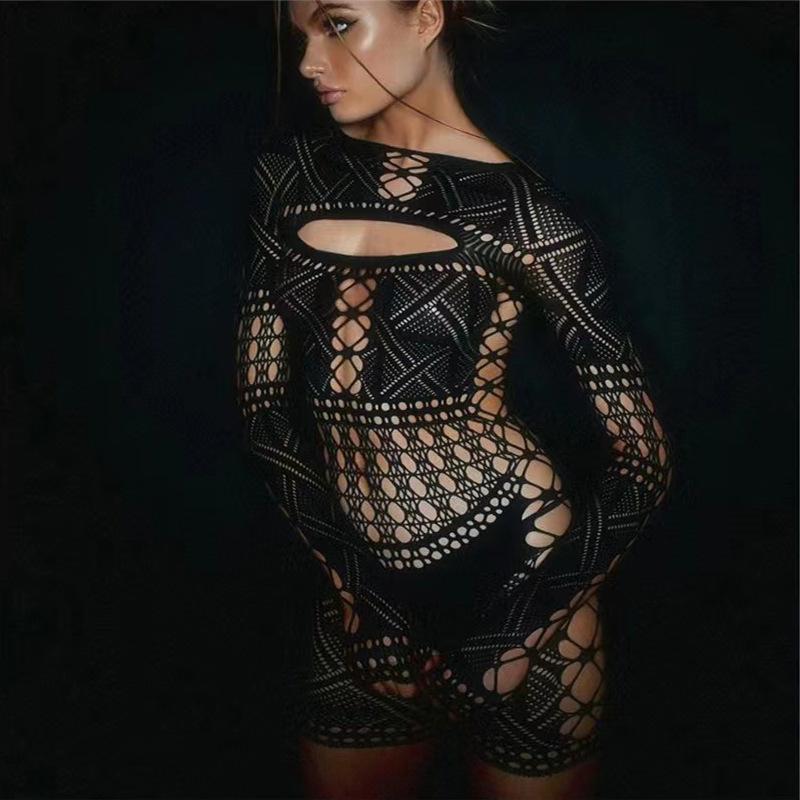 Sexy See Through Mesh Playsuit Women Rompers Long Sleeve Hollow Out Skinny Night Club Outfit One Pieces Jumpsuit Shorts Bodysuit