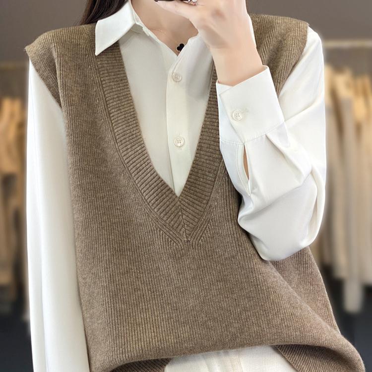 Vestă tricotată stivuită pentru femei Vestă tricotată lejeră Pulover fără mâneci Tank Top Camry Umăr Jachetă tricotată cu decolteu în V Toamnă/Iarnă