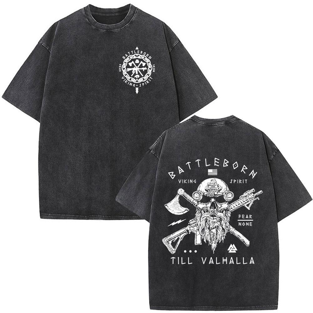 

Vintage Washed Til Valhalla Warrior Spirit Battleborn Military Grunt Skeleton TShirt Men Clothing Gothic Short Sleeve Tshirts S