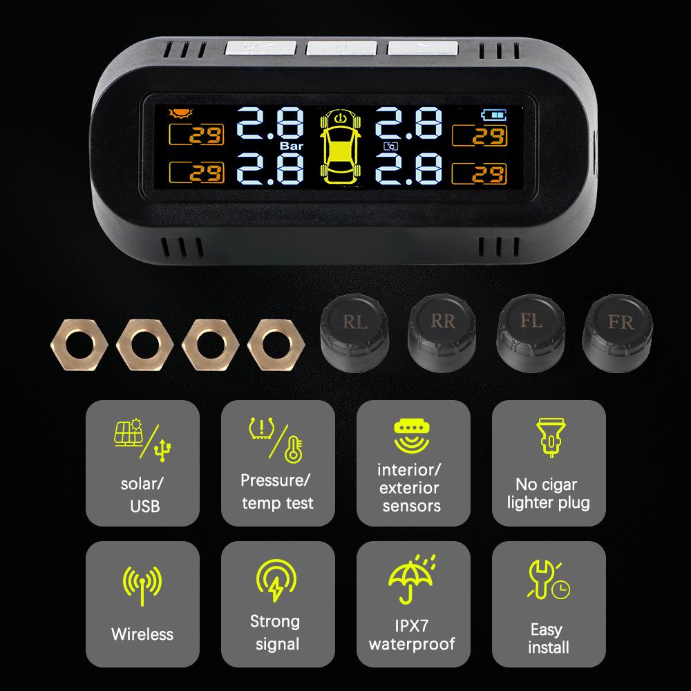 Digital LCD-display Sol-/USB-driven Bil Säkerhetslarm System Däcktrycksövervakningssystem Bil TPMS