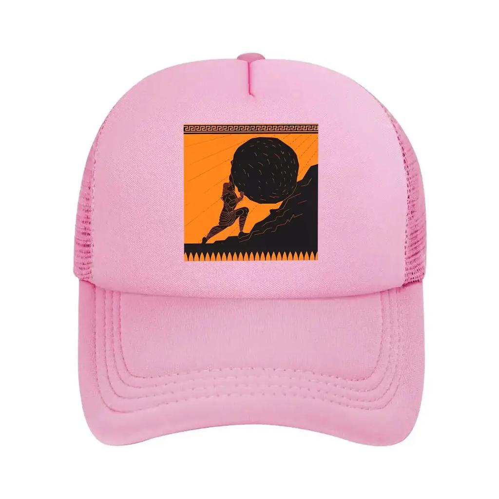Mythological Figure Pushing Boulder In Orange - Themed Art Mesh Baseball Cap