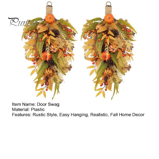 Autumn Door Swag Artificial Fall Teardrop Swag, Faux Pumpkins Berries Pinecones Leaves Indoor Outdoor Thanksgiving Ornaments Harvest Wreath for Front