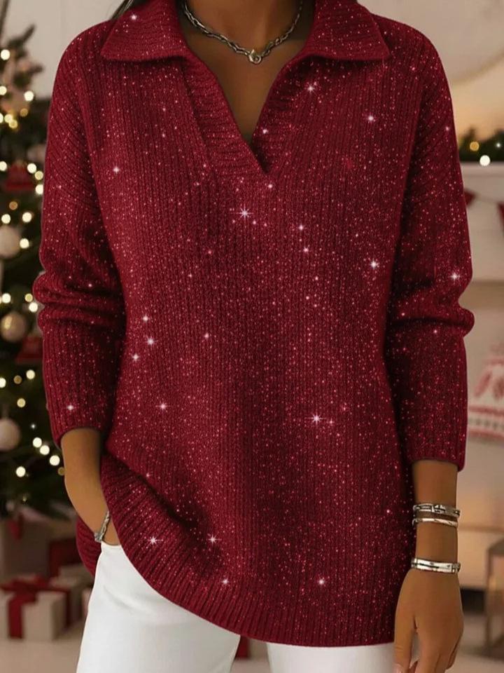 2025 Autumn/Winter Solid Color Lapel Pullover with Silver Thread and Crystal Accents