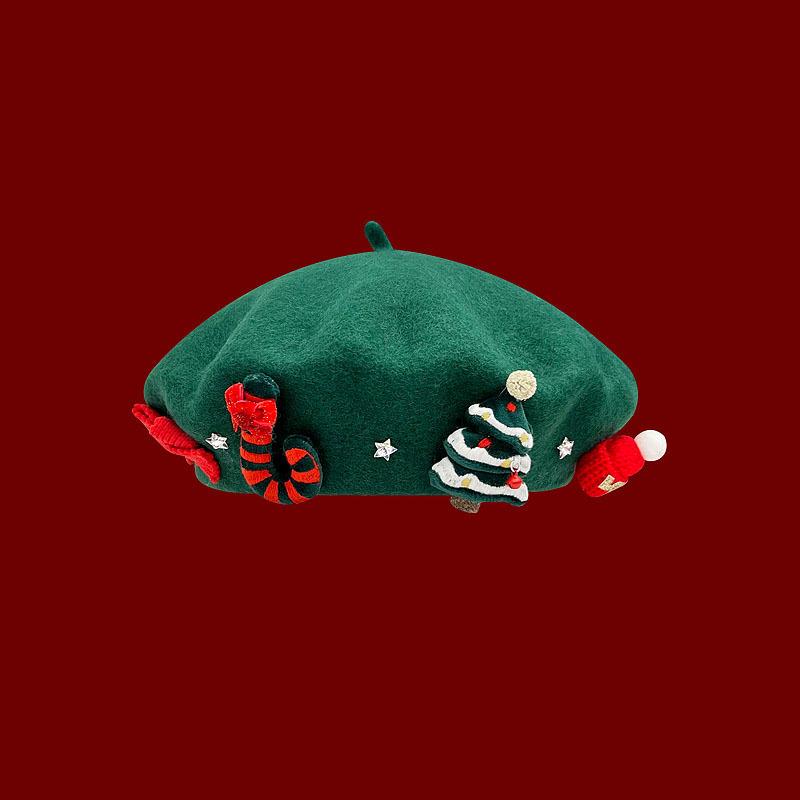 Poinsettia Red Bow Beret for Women, Korean Style Wool Painter Hat, Sweet Festive Photo Accessory That Brightens Your Look