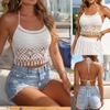 Damen Handgehäkelt Faux Perlen Quaste Ausgeschnitten Neckholder Bikini Cover Up Camisole Top