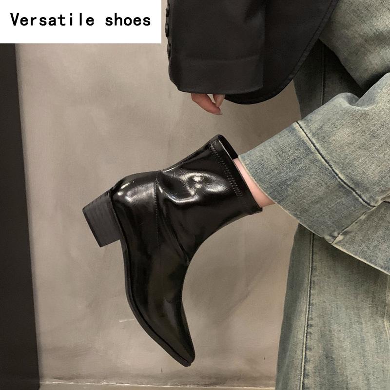 Streetstyle Damen Stiefeletten Mode Spitzschuh Kurze Stiefeletten Damen Quadratische Absätze Party Pumps Schuhe