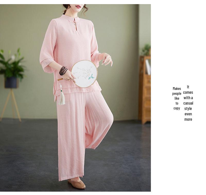 Women's Summer 2023 Stand Collar Yoga Set: Solid Color Three-Quarter Sleeve Top & Pants Tea Set