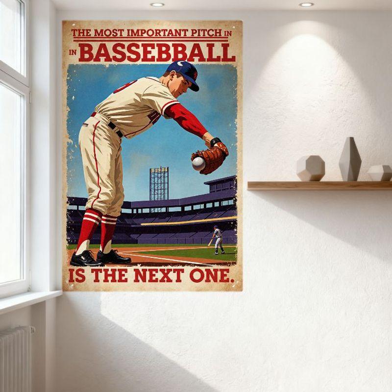 Vintage Baseball Pitcher Metal Tin Sign Retro Stadium Scoreboard Art 'The Most Important Pitch...' Wall Decor for Man Cave Bar C