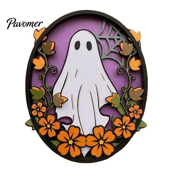 Festive Halloween Wall Accents Oval Sign, Layered Wooden Decor Cute Ghost Bat Spooky Home Decorations Pumpkin Witch Designs, Art Decoration