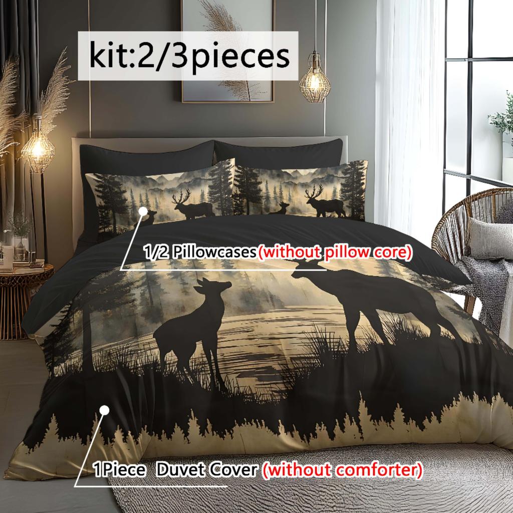 3d Deer by Lake Forest Pattern Duvet Cover Set Fantasy Themed Woven Polyester Bedding with 1 Duvet Cover+1/ 2 Pillowcases