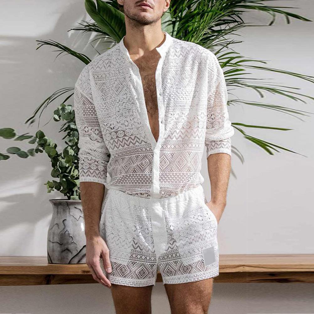 1 sada Populární pánský outfit Sexy muži Top šortky Hollow Out Průhledné Háčkované Košile Šortky Single Breasted