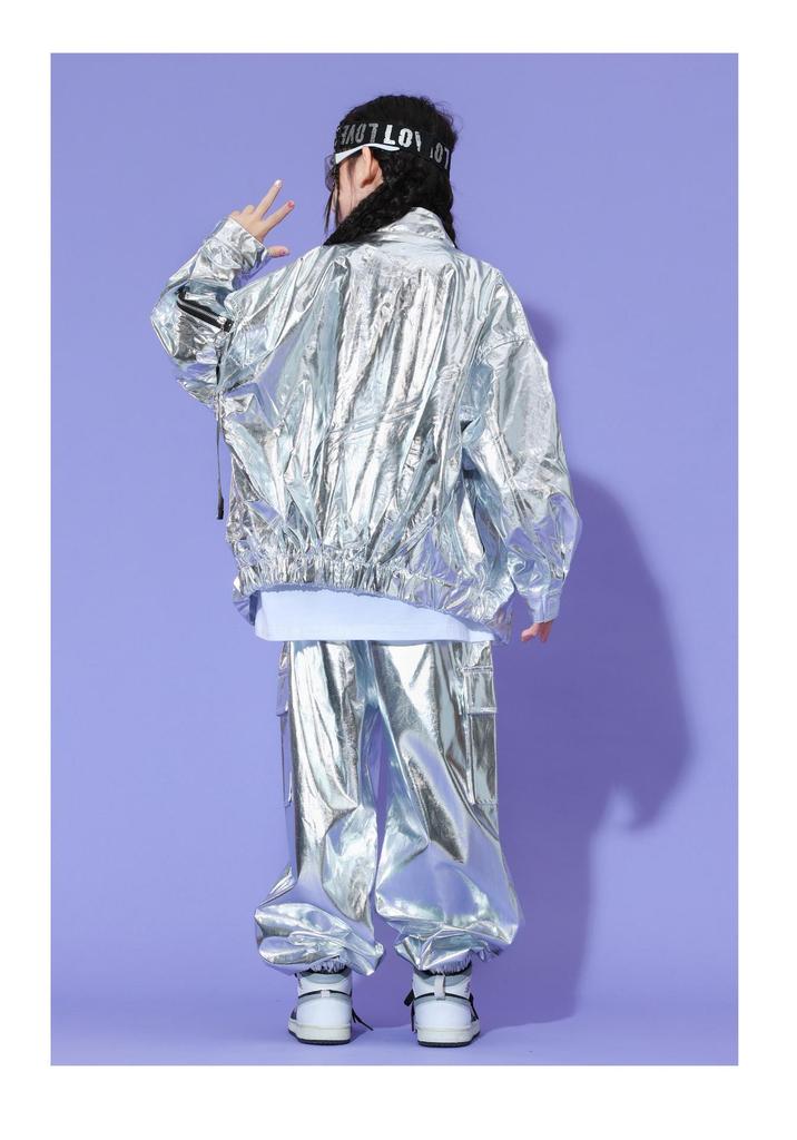 Children's Shiny Silver Leather Hip Hop Set for Stage Shows and Street Dance Performances.