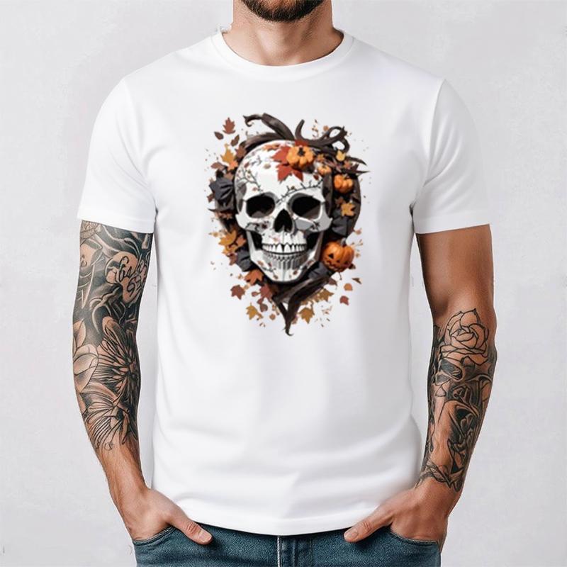 Floral Skull T-Shirt Boho Wild Flowers Cotton Short Sleeve Summer Casual Tee Gift for Her Stylish Fit Pumpkin Plant Graphic Tops
