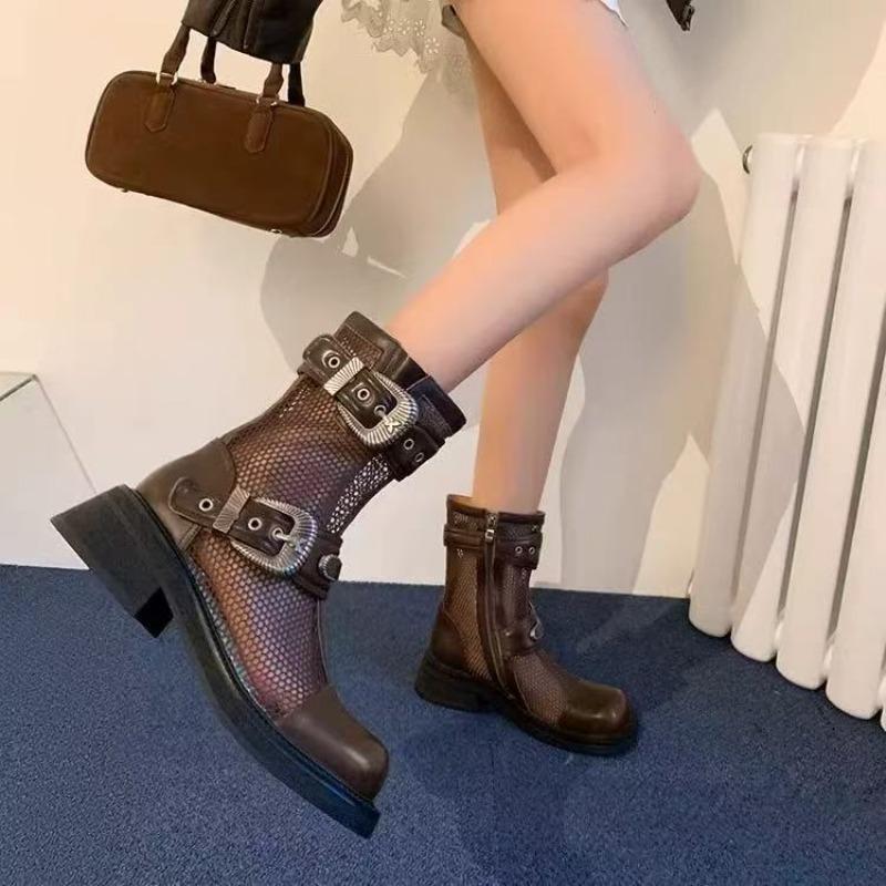 Women's Boots 2025 New Summer Cool Boots Breathable Hollow Out Mesh Boot Square Toe Side Zip Ankle Boots for Women Botas