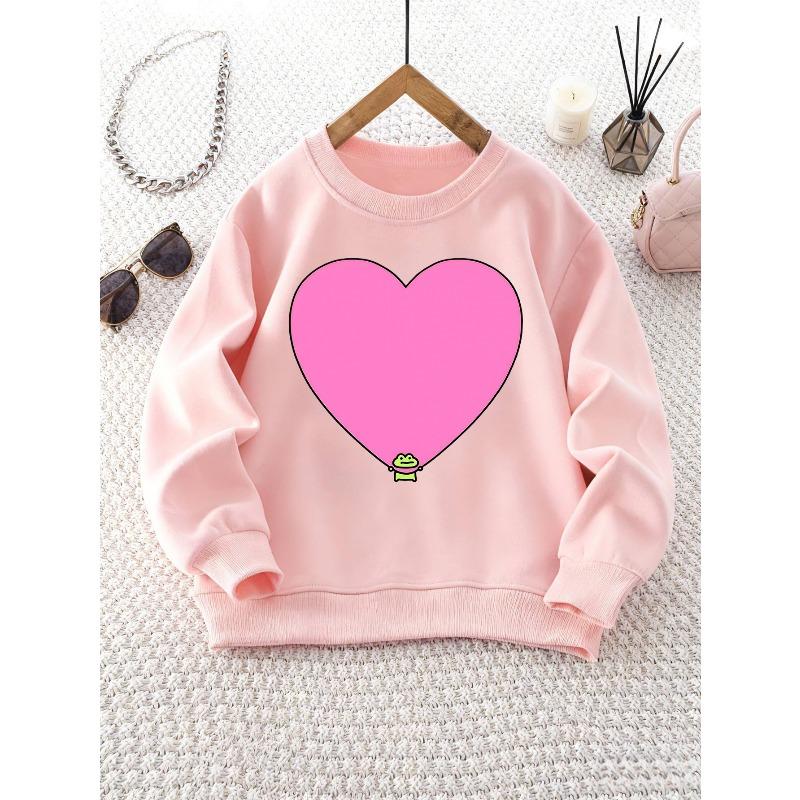 Girls' Round Neck Sweatshirt with Heart Cartoon Frog Print, Christmas Outfit, Suitable for Casual Wear