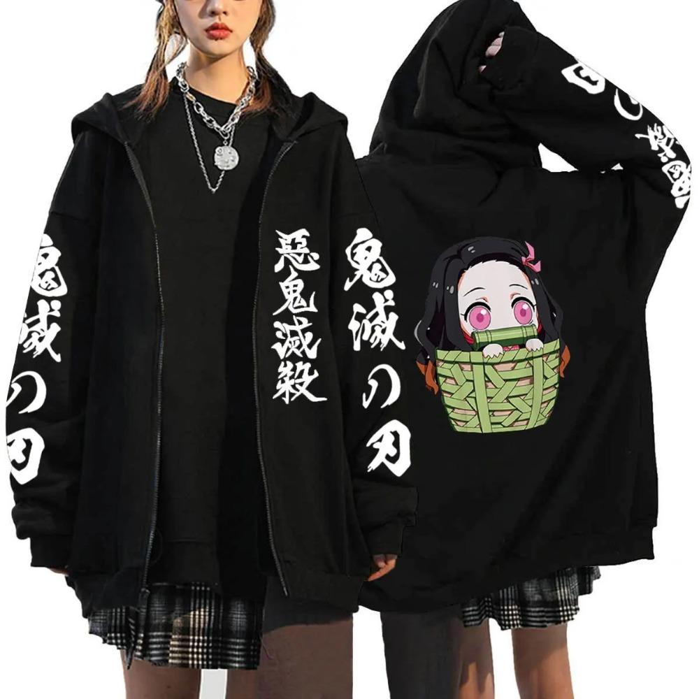 Women's Oversized Zipper Shirt, Harajuku Anime Cartoon Demon Killer Printed Jacket, Spring Warm Casual Long Sleeved Top