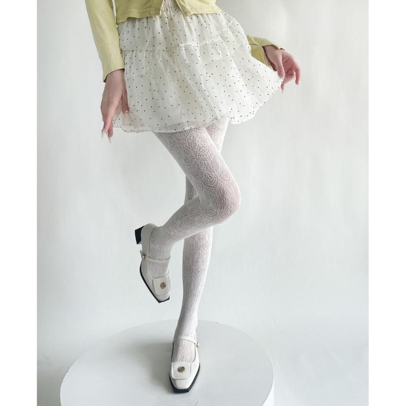 Women Elegant Hollowed Out Lace Solid Pantyhose Stockings Japanese Style Vintage Flower Jacquard Mesh Tights Leggings