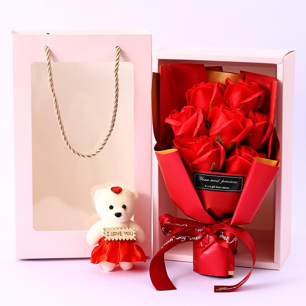 Valentine’s Day Mother’s Day Artificial Soap Rose Bouquet with Teddy Bear Gift Box Romantic Gift for Her Creative Home Decor