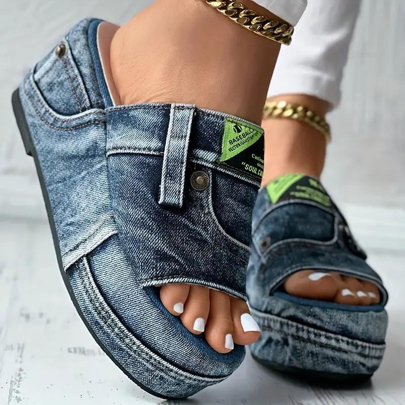 Fashion Platform Women Slippers New Summer Elegant Denim Sandals Comfortable Slip On Shoes Beach Walking Slippers Casual Slides Women