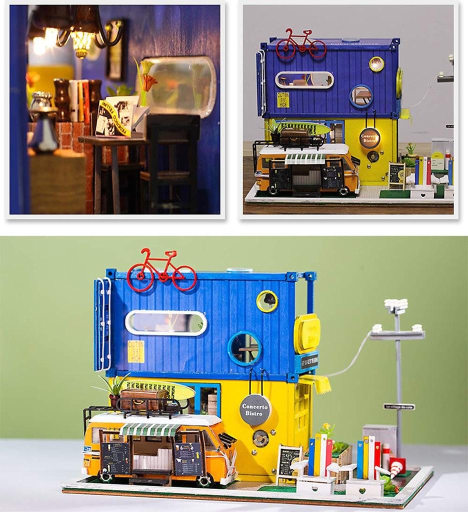 moin moin Dollhouse Miniature Handmade Kit Set French Cafe on a Midsummer Day France Retro Blue x Yellow Mobile Sales Vehicle Kitchen Car Medium Size