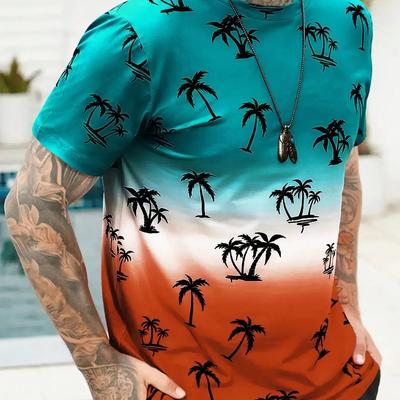 Gradient T Shirt For Men Clothing Hawaiian Coconut Tree Pattern Summer Harajuku Short Sleeve O-Neck Men's Casual Breathable