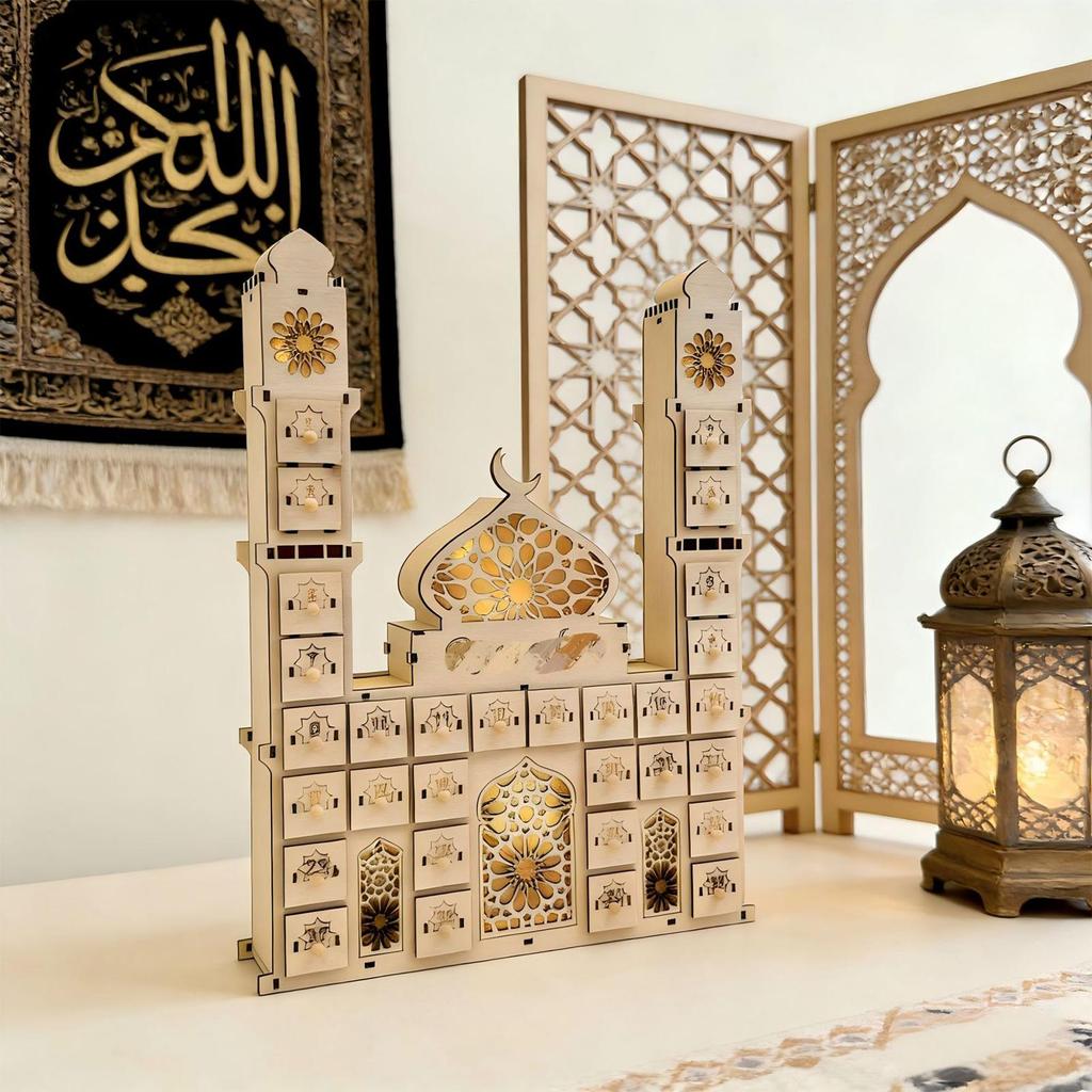 Home Holiday Countdown calendar Wooden Castle Shape Table Ornament wth Drawers 30 Days Fun Activity Calendar with Light