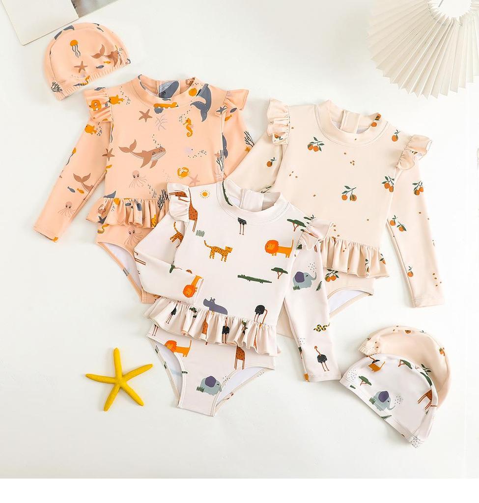 Ny sommerbabydrakt til jenter, bikini, tegneserietrykk, babygutter, langermet, solkrem, strandbadetøy