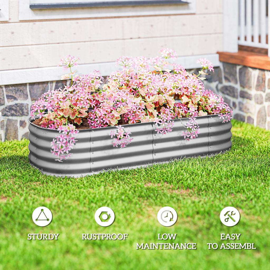 Galvanised Raised Garden Bed Metal Planter Box With Safety Edging For Flowers Herbs Succulents Silver