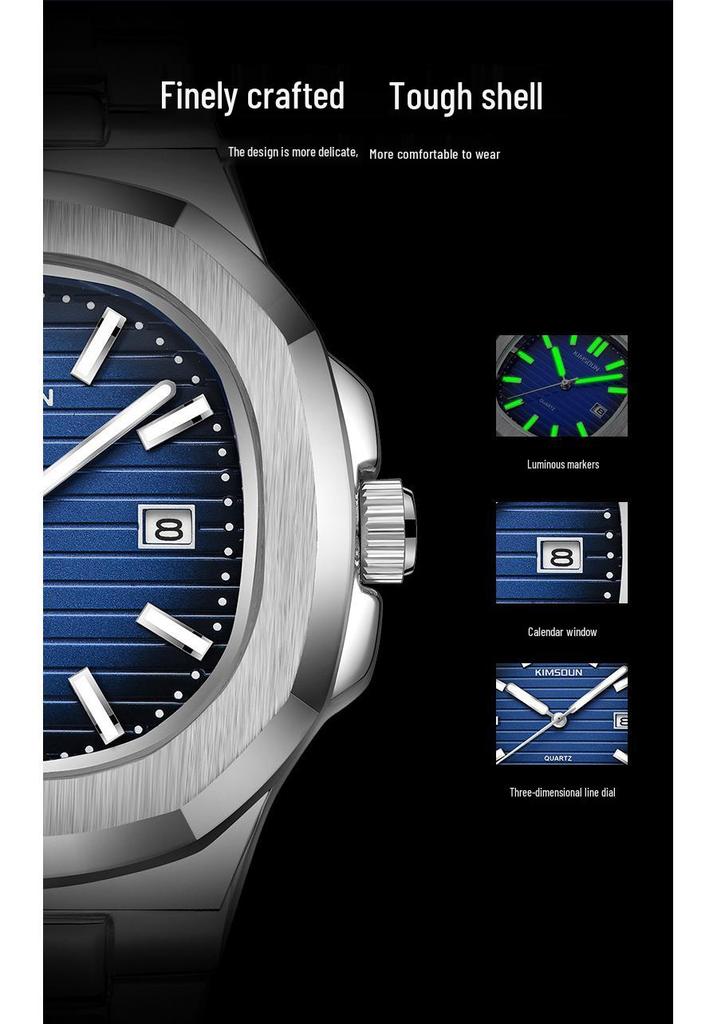Jin Shidun Men's Luminous Quartz Skeleton Watch with Steel Band and Date Display.