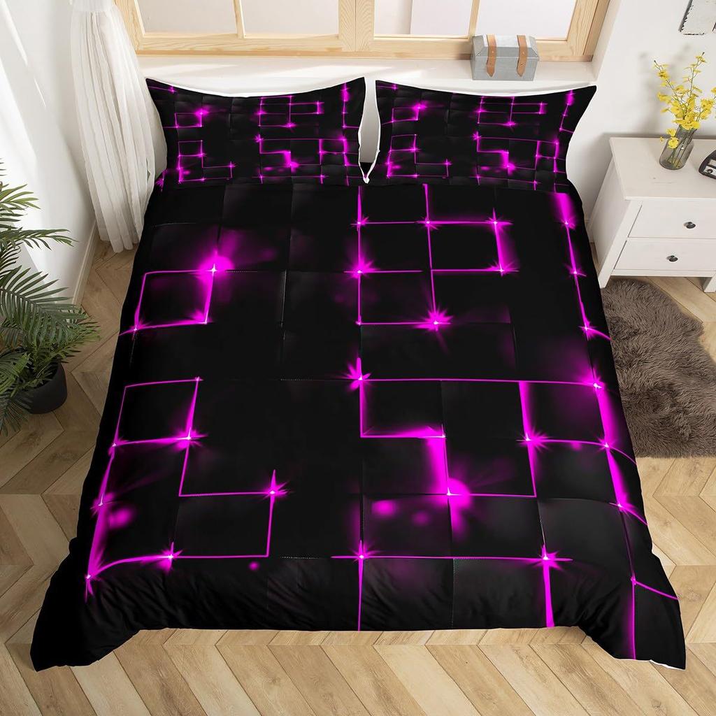 Pink Blue Neon Light Three-Piece Quilt Cover Digital Printing Bedding Set Honeycomb Bed Cover