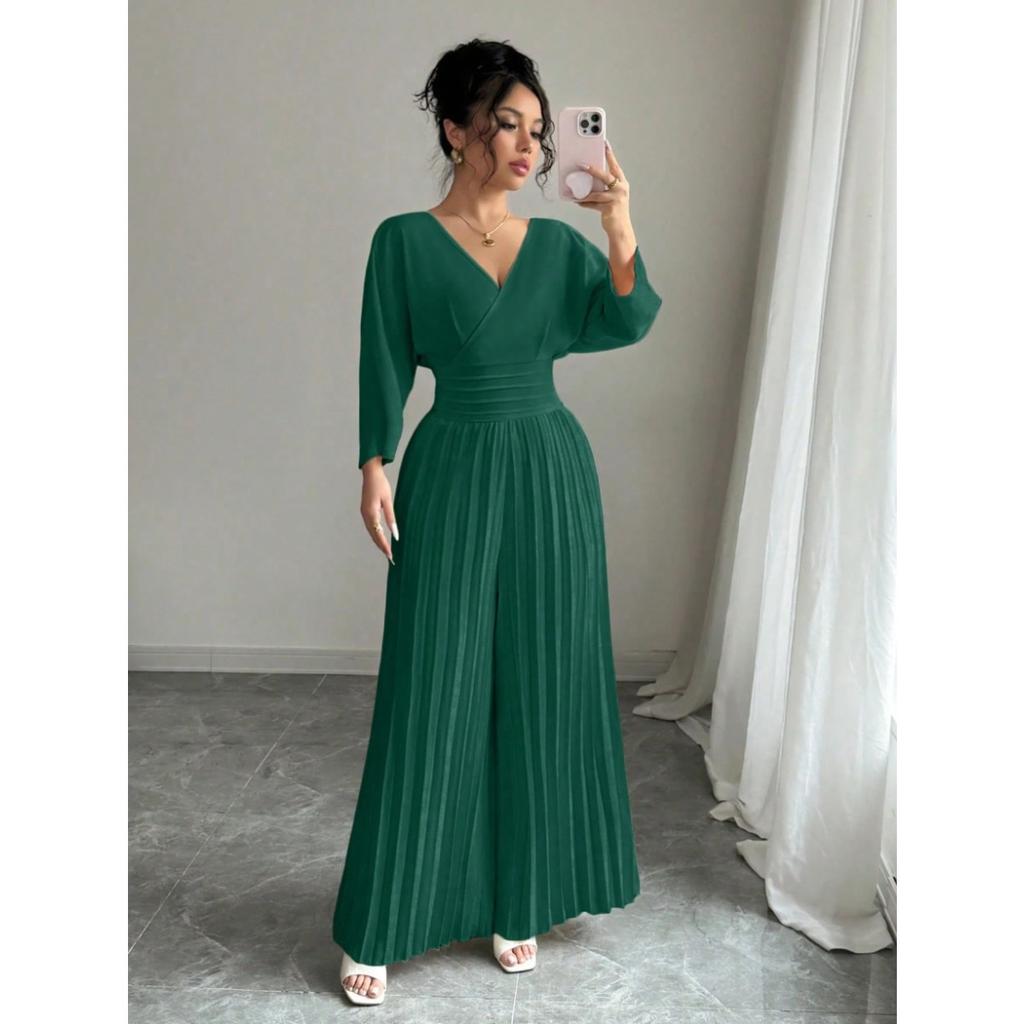Women's V Neck Short Sleeve High Waist Pleated Jumpsuit Casual Wide Leg Pantsuit