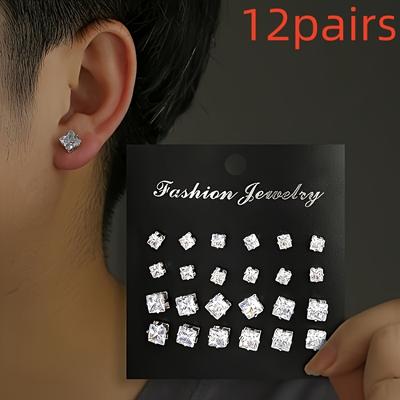 Four Claw Crystal Zircon Square Earrings Set with White Diamond Fashion 12 Pair Combination Card Earrings