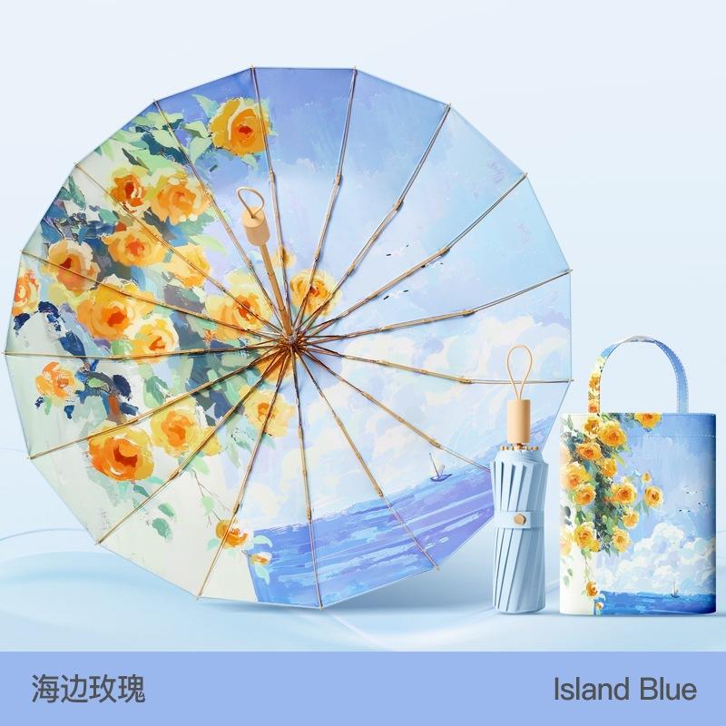 Spot three-fold retro color glue printed 16-bone parasol female weather and rain dual-purpose anti-ultraviolet folding sun umbrella