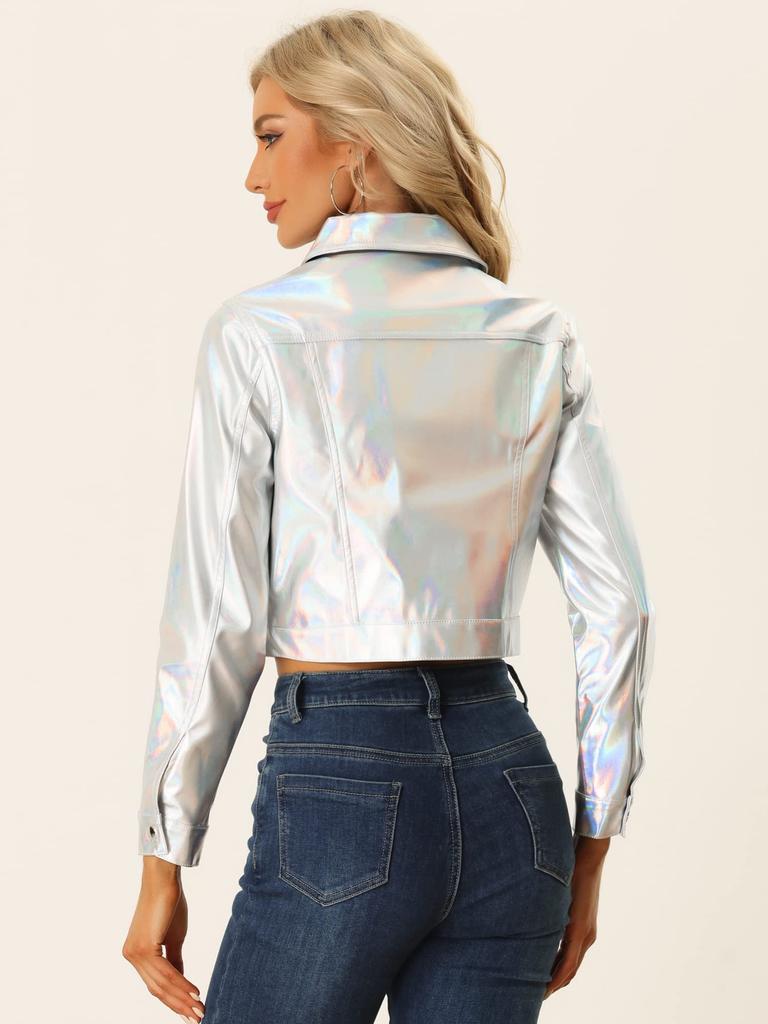 Allegra K Women's Silver Biker Jacket, Long Sleeve, Holographic Shiny Metallic, Button-Down, with Collar, Size M