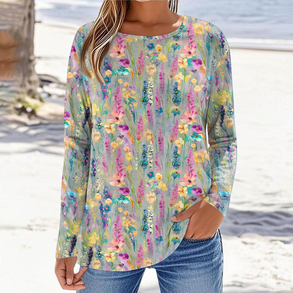Women's Fashionable Casual Printed Long Sleeved Round Neck Top Round Neck Top Top
