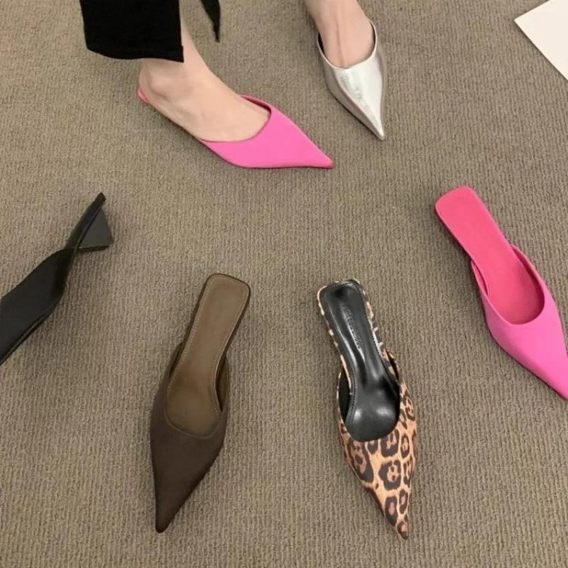 New Pointed Toe Women Mules Slipper Candy Color Ladies Elegant Dress Sandal Square Low Heel Slip on Slides Shoes