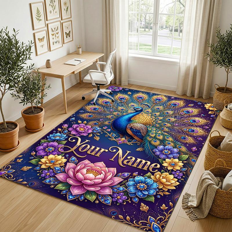 Peacock Floral Theme Soft Crystal Velvet Rug Custom Name & Text Print Non Slip Floor Rug for Bedroom Living Room