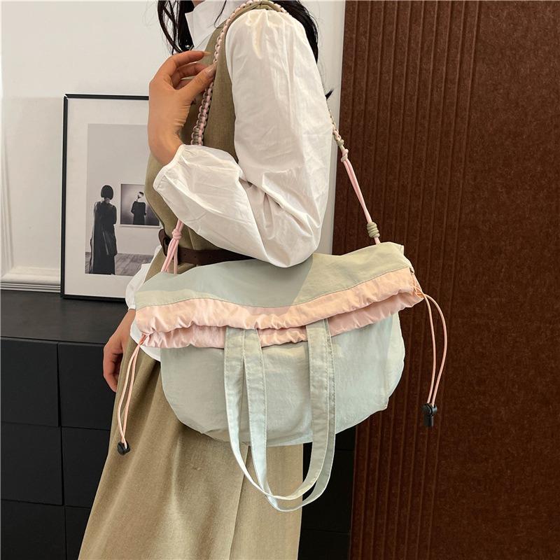 Contrasting Color Casual Handbag Large Capacity Folding Bucket Bag Small Fresh Drawstring Bundle Single Shoulder Women's Bag