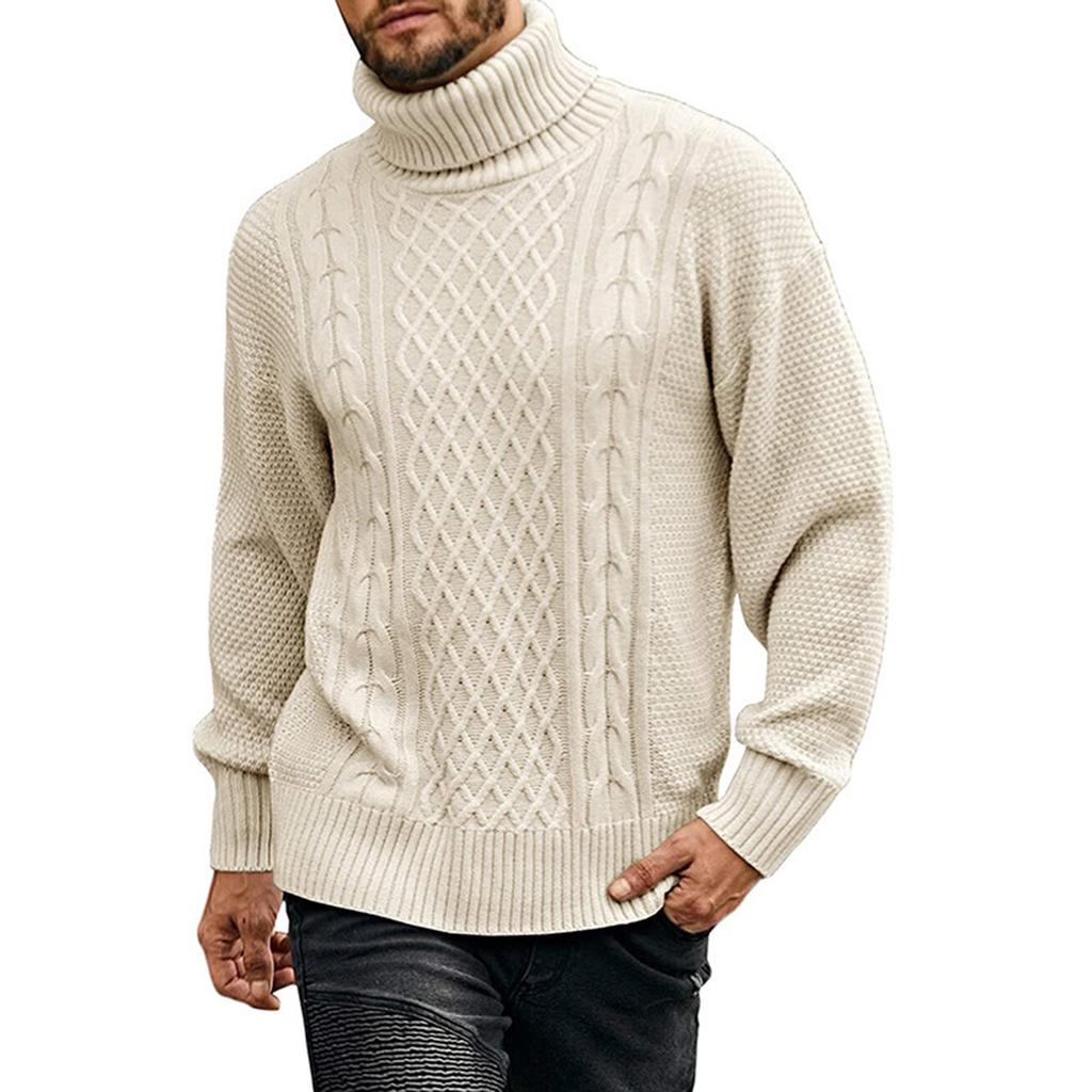 Mens Turtleneck Sweater Pullover Twisted Pattern Casual Loose Fit Thick Winter Long Sleeve Cable Knit Sweaters