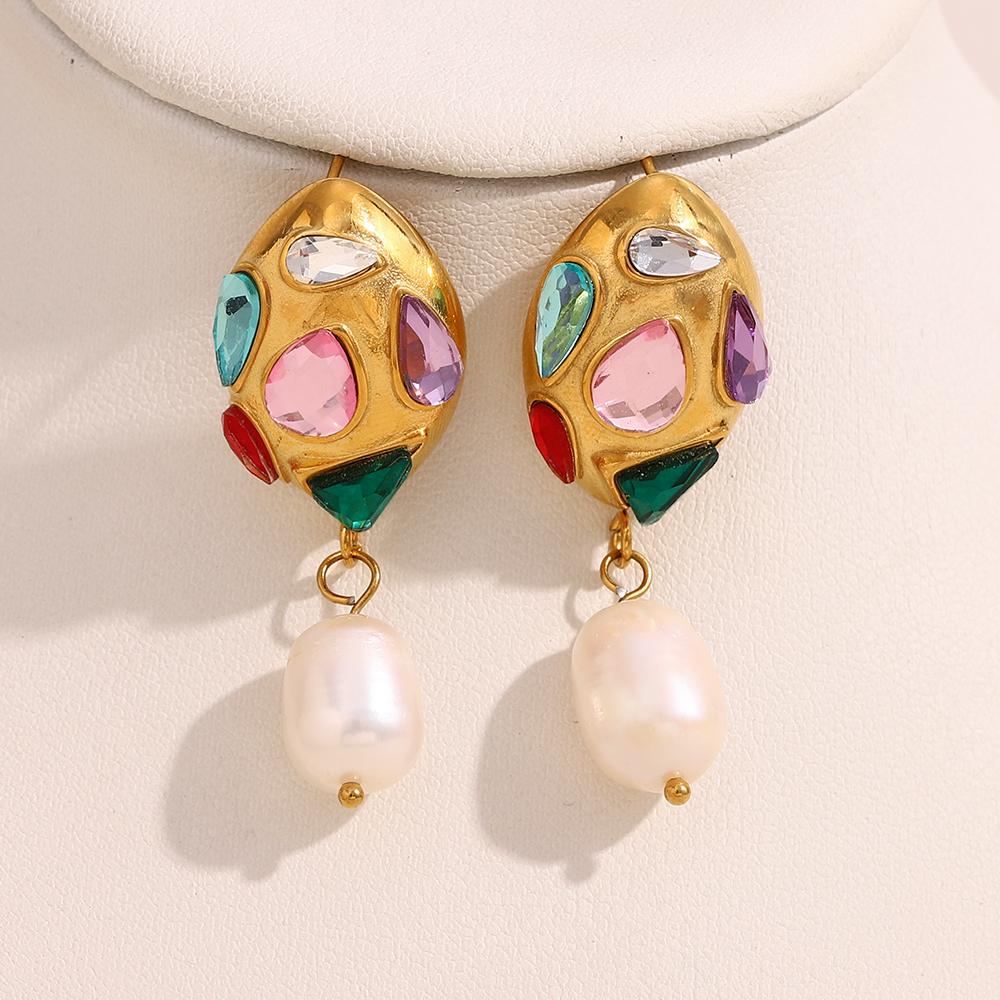 MamacitaSlay Creative Stainless Steel Multicolor Zircon Pearl Earrings Party Waterproof Jewelry Women's Charm Statement Earrings