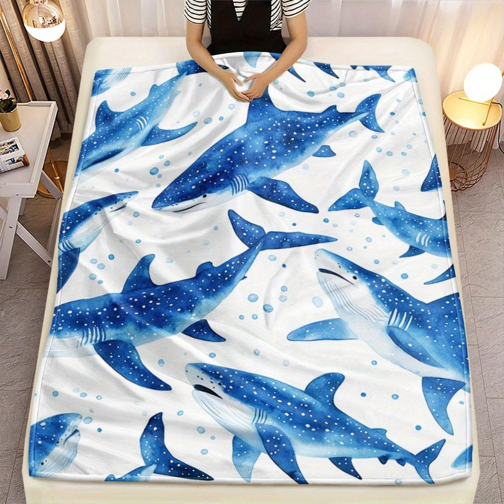 Walhai blau Aquarellmuster weißer Hintergrund weiche Flanelldecke Meerestier Meeresleben Druck Kinderzimmer Babybettwäsche