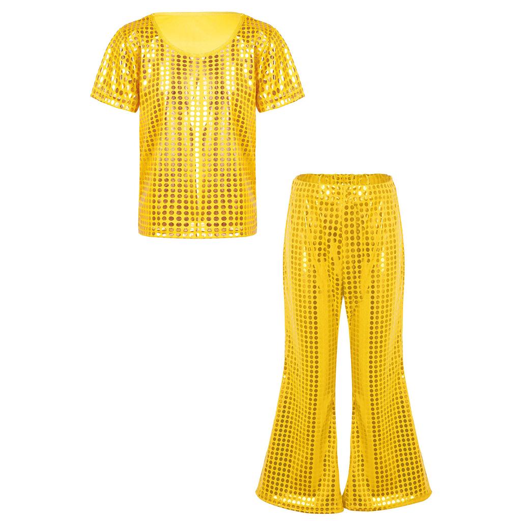 Kids Boys Girls Stage Performance Set Short Sleeve Round Neck Shiny Sequins Solid Color T-Shirt with Elastic Waistband Flared Pants