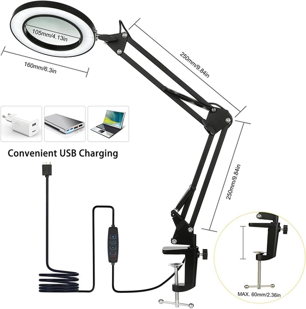 5X Illuminated Magnifier 3 Color Modes Adjustable LED Magnifying Lamp with Clamp for for Repair Craft Close Work Tool