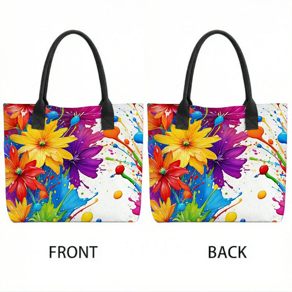  Colorful Floral Print Canvas Tote Bag Casual Large Capacity Shoulder Handbag for Daily Use