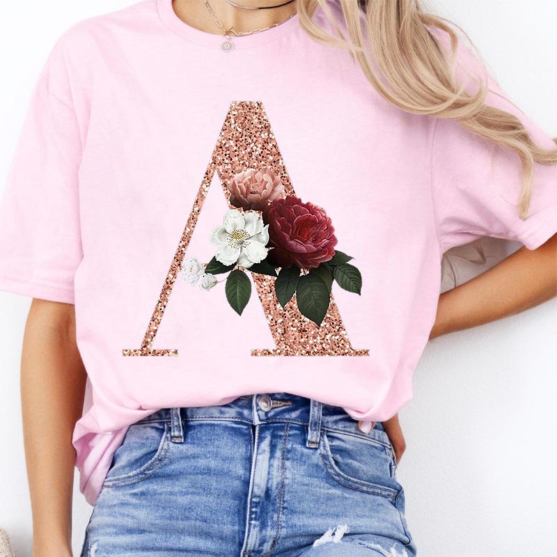 

Custom Name Letter Combination Fashion Women Tshirt Rose Gold Flower Letter Font A B C D E Short Sleeve Tops Black Tshirt Tee 4XL