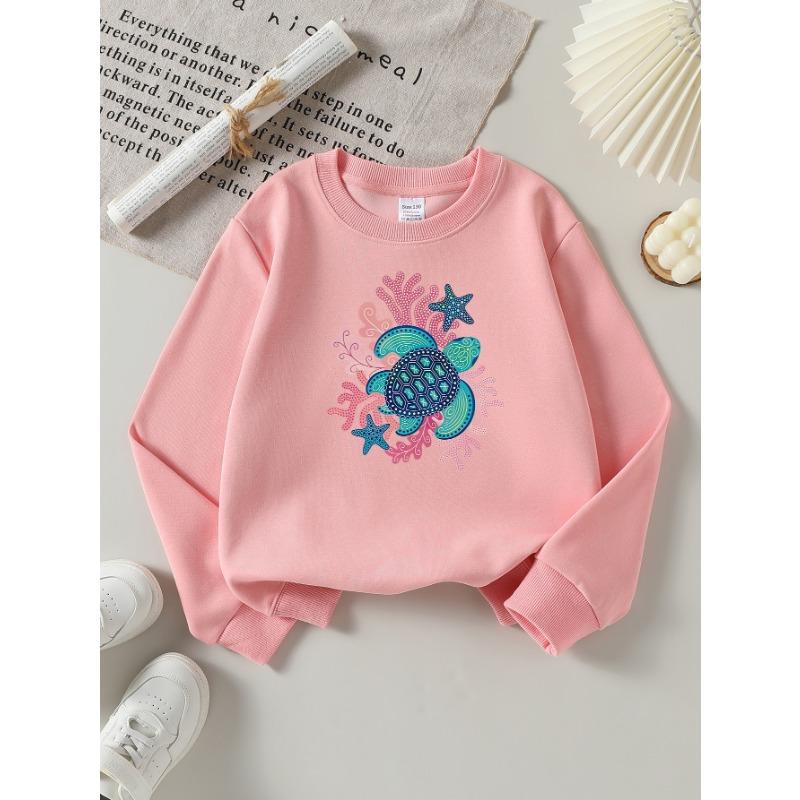 European Sizes Girls' Long-Sleeve Round Neck Sweatshirt "Sea Turtle Coral" Print, Spring/Autumn, Casual, Daily & Sports.
