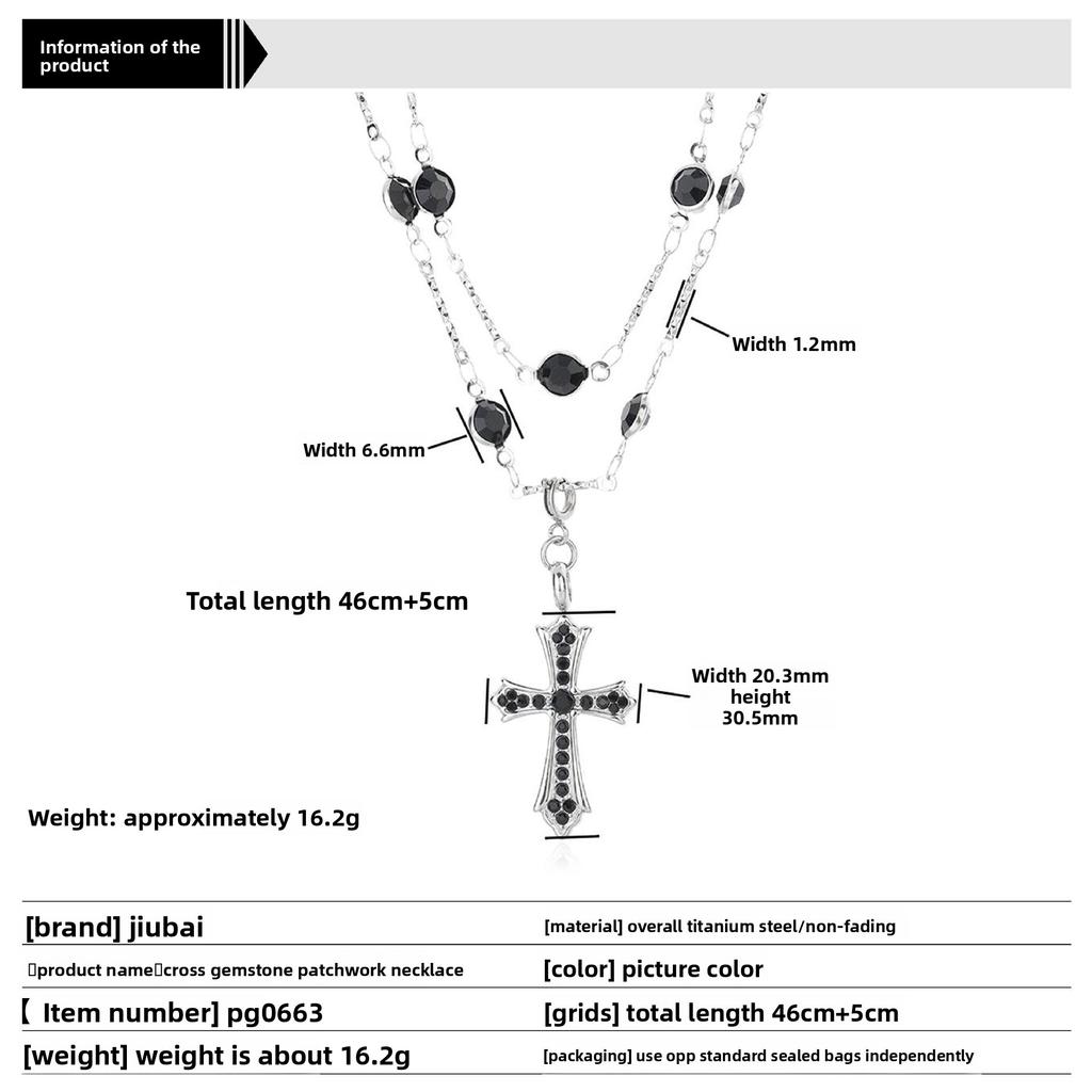 Black Gemstone Cross Titanium Steel Necklace for Women, Unique High-end Design, Double-layer Stacking, Men's Accessories