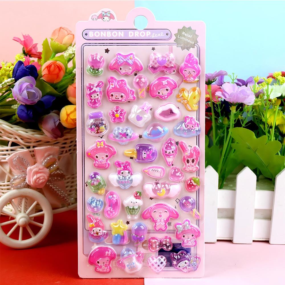 3D Hello Kitty Stickers Relief  Melody Crystal Kawaii Kuromi Luminous Cinnamoroll Sticker Decals Kids Decoration Packs Gift